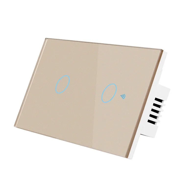 2-gang RF touch light switch with tempered glass panel in white colour showing touch controls