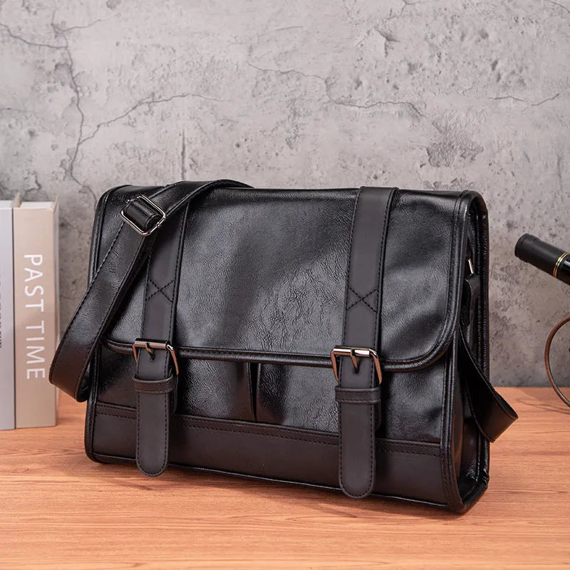 Black Korean style men's anti-theft commuter backpack with PU construction and polyester lining
