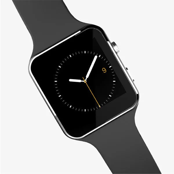 Black smart watch with 1.54 inch screen and silicone strap on a wrist