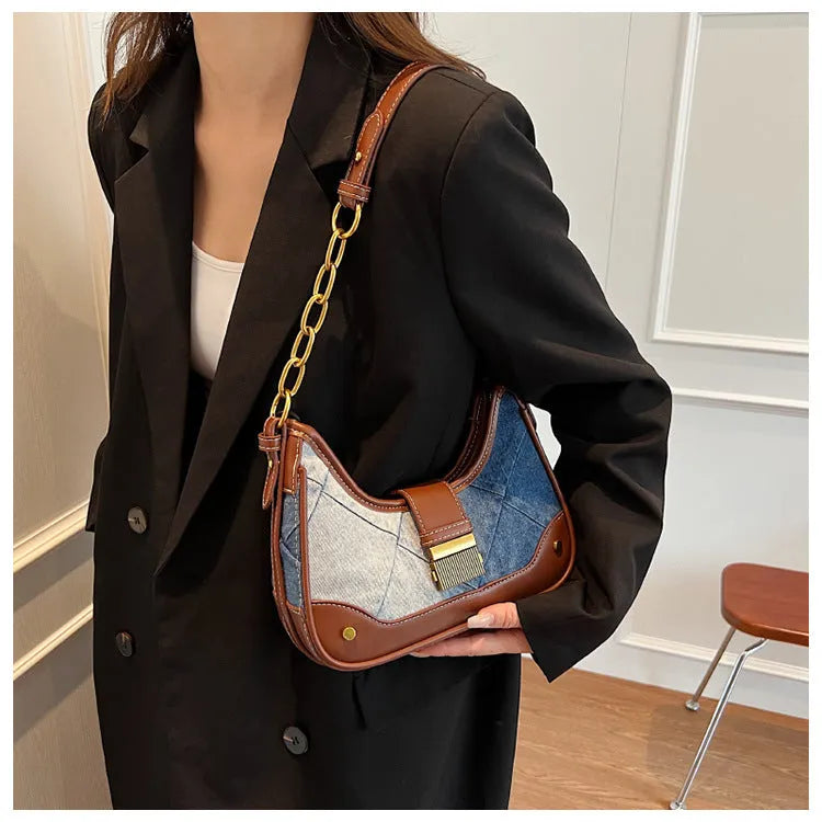 Brown denim women's bucket shoulder bag with diamond chain detailing and double straps