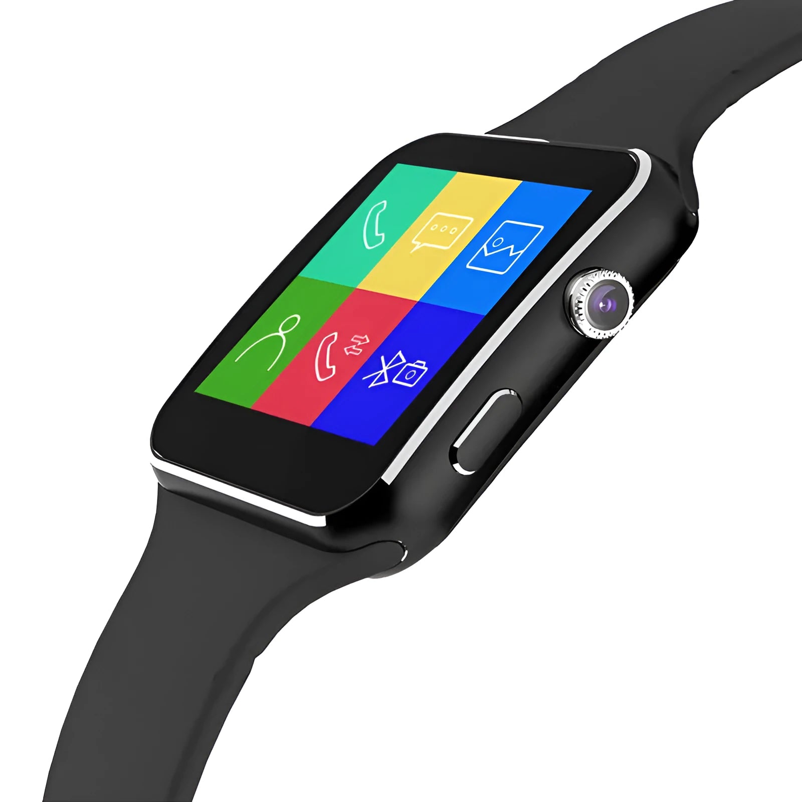 Black smart watch with 1.54 inch screen and silicone strap on a wrist
