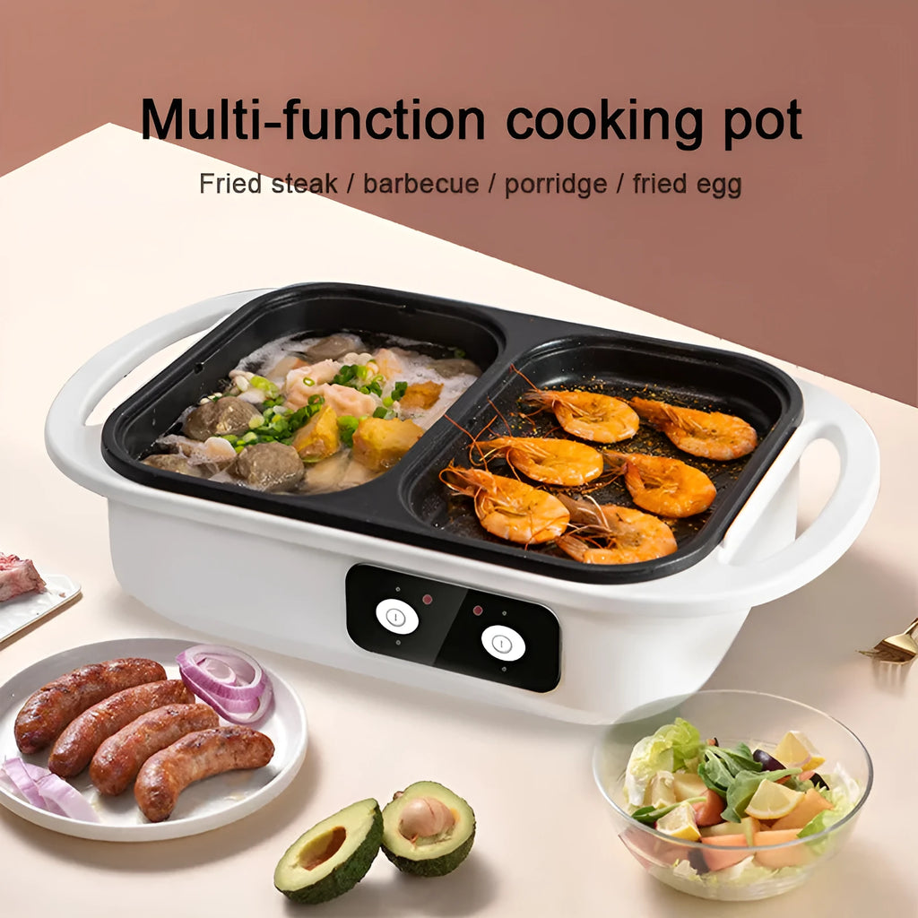 White and green dual-function electric hot pot and frying oven appliance with mechanical controls