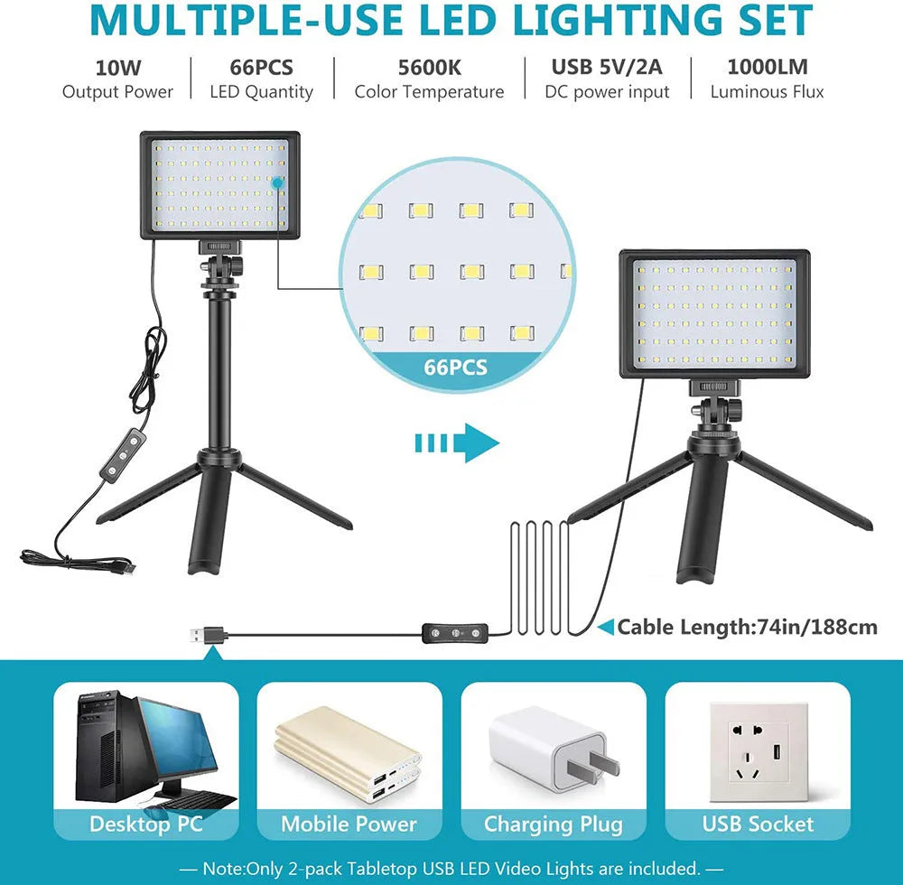 Neewer 2 pack portable LED panel light with mini tripod and extension stick on a tabletop