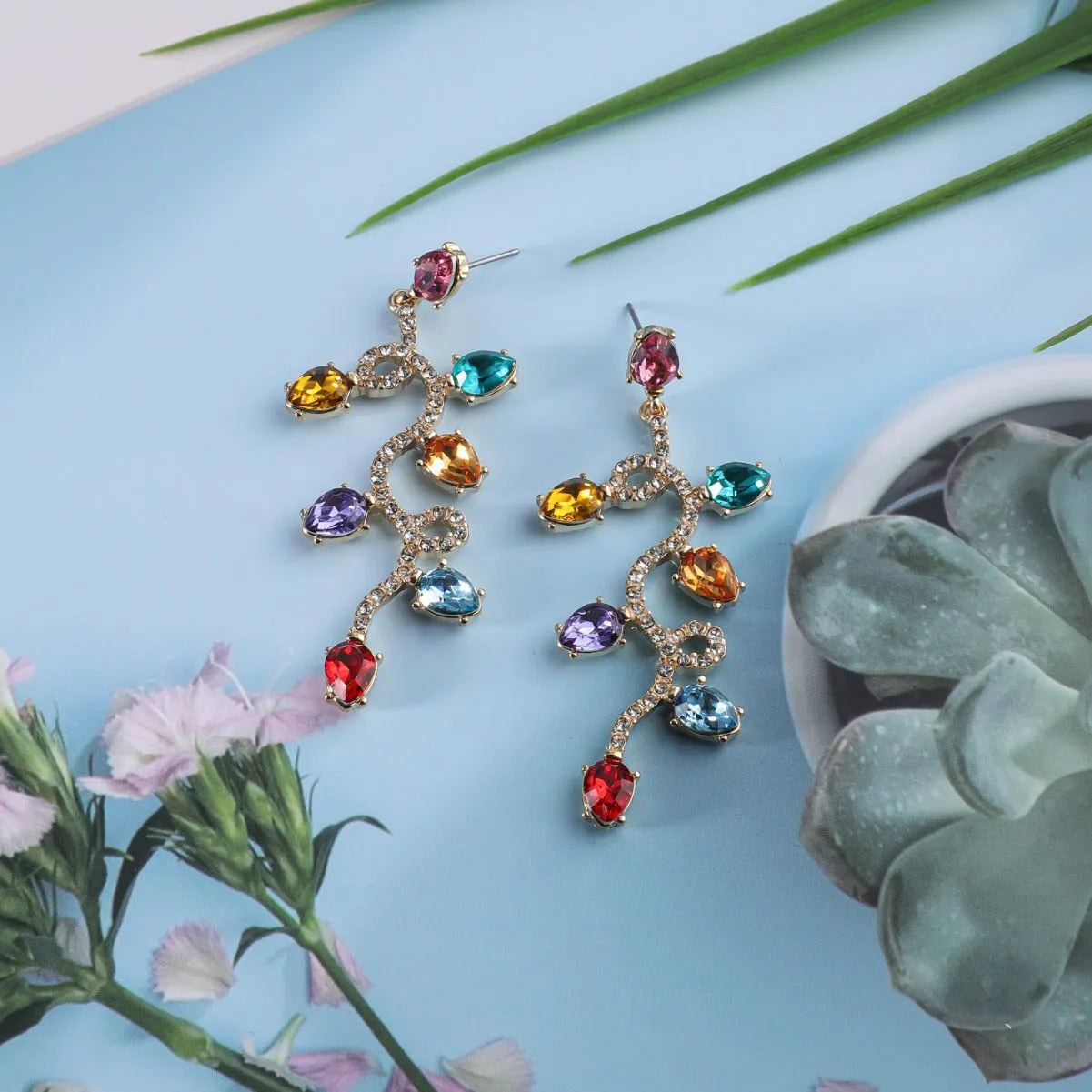 Retro fashion small lantern zircon stud earrings, colourful, alloy, geometric shape for women commuter OL style