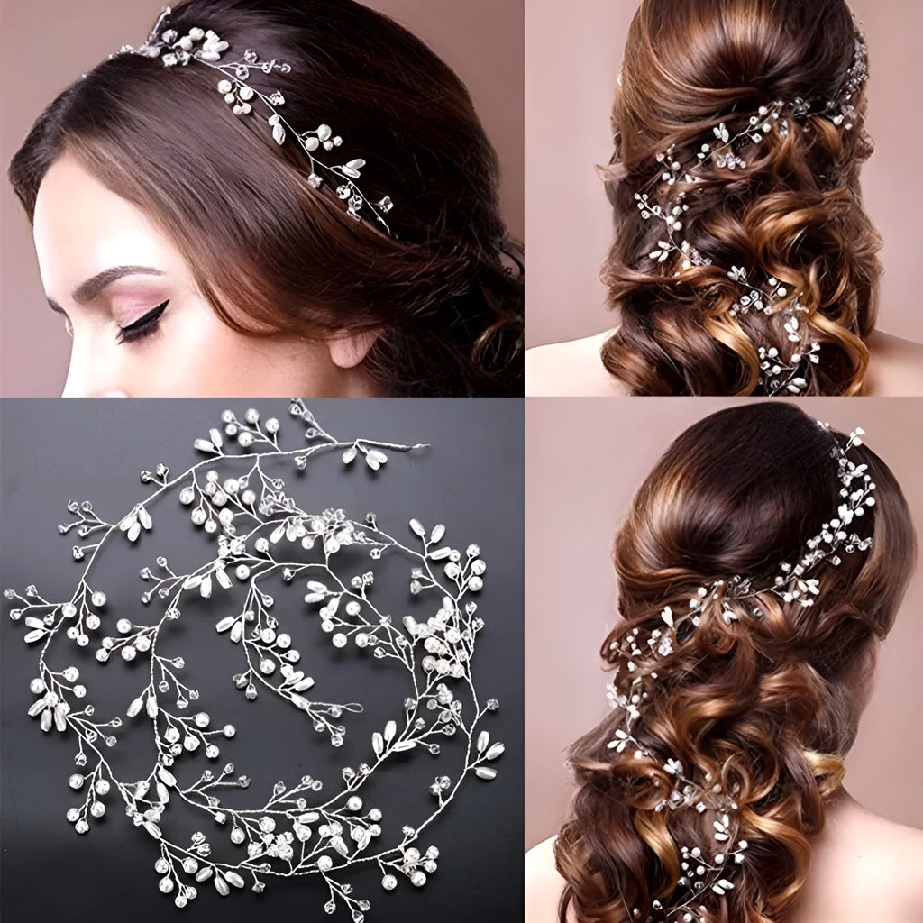 Gold and silver long hair band for weddings with crystal and pearl decoration on a wired base.