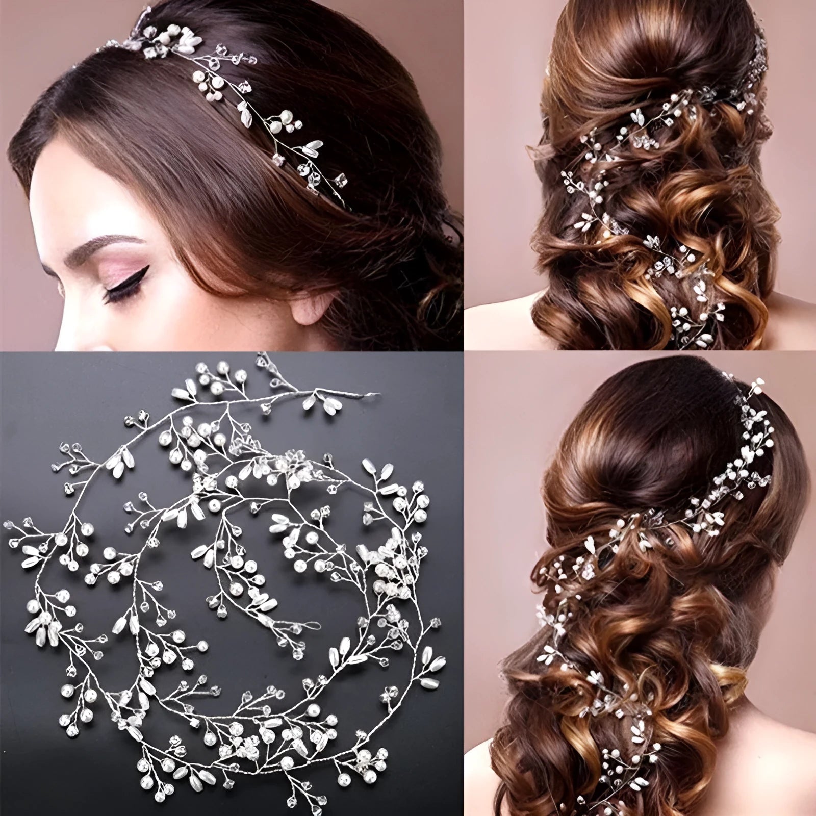 Gold and silver long hair band for weddings with crystal and pearl decoration on a wired base.