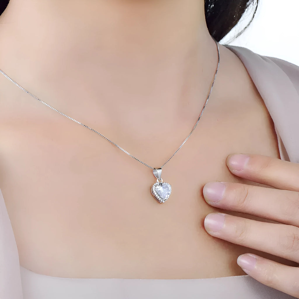 S925 sterling silver heart-shaped zircon pendant necklace on silver box chain, 40+5cm length