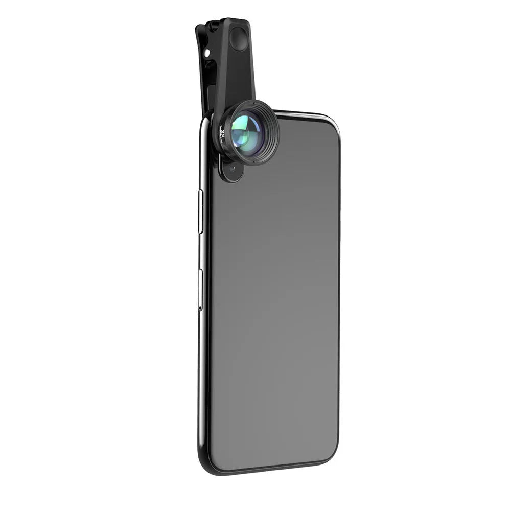 Black 6-in-1 smartphone lens kit with fisheye, macro, telephoto, wide-angle, CPL and star filter lenses and a universal clip.