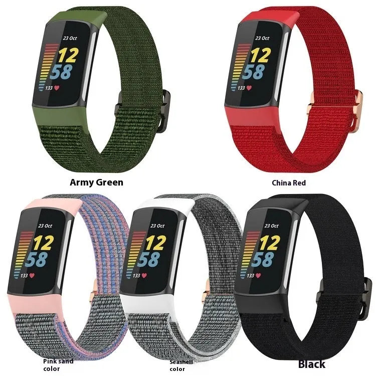 Elastic nylon woven canvas watch band for Fitbit Charge 5 and 6 in Army Green colour