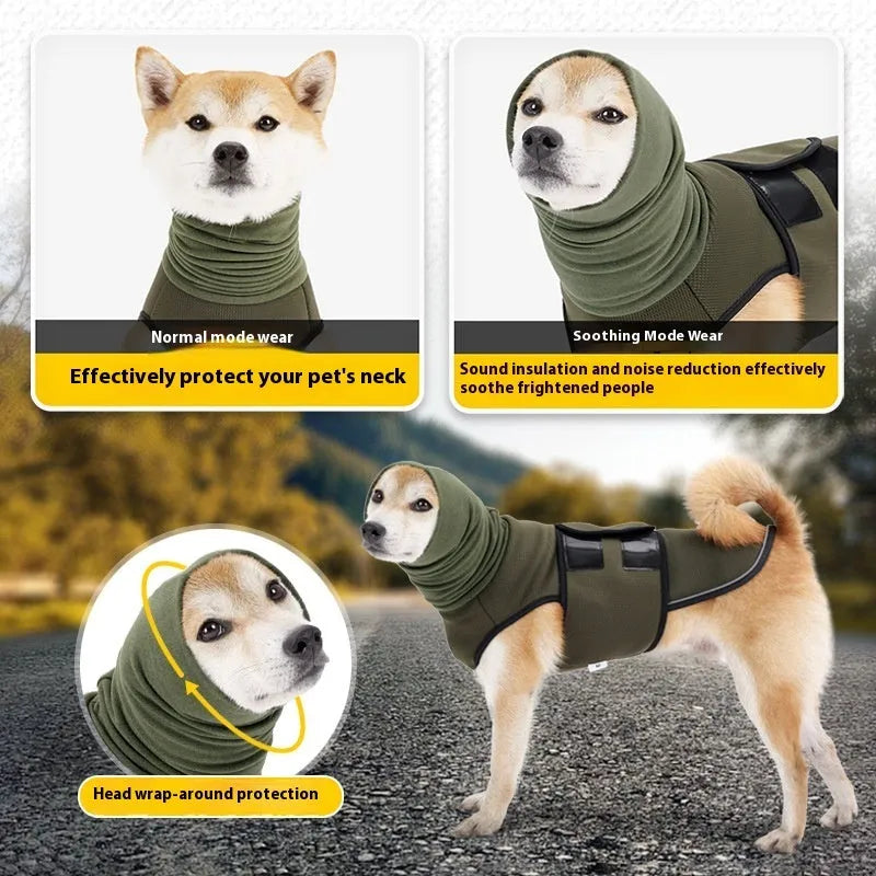 Army Green polyester dog anxiety jacket shown on a medium-sized dog.