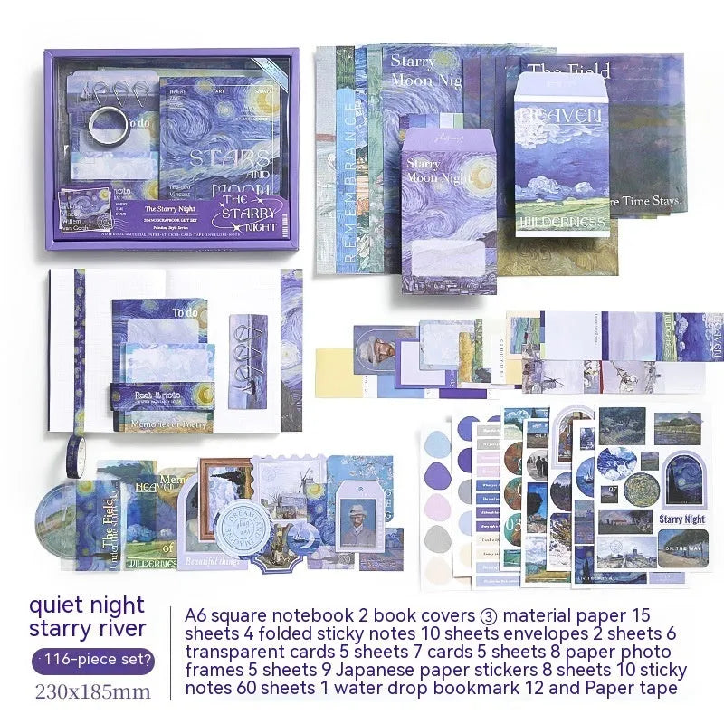 Creative journal gift box with A6 plaid notebook and accessory set including paper, stickers, cards, and photo frames