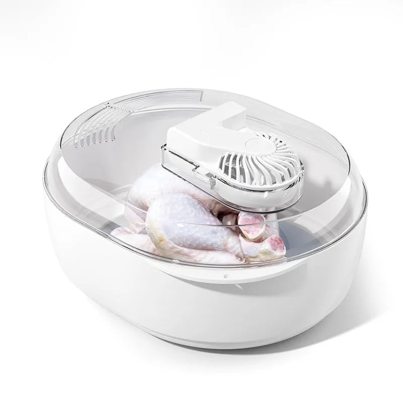 A modern aluminium defrosting plate with a separate USB cable for quick household food thawing.