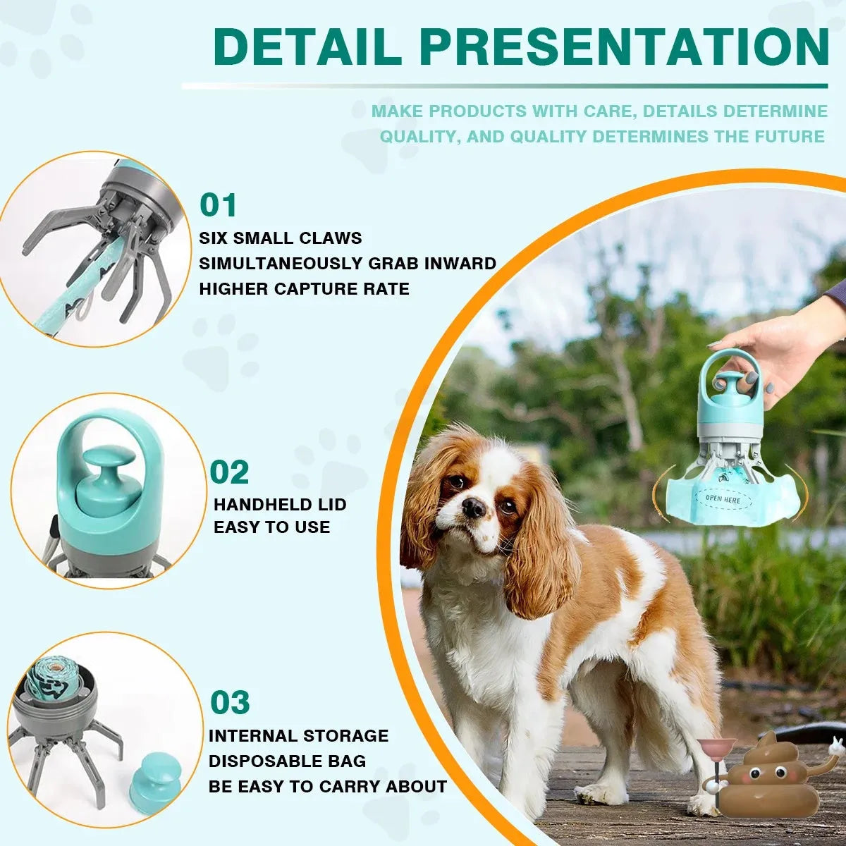 Blue and orange portable claw dog pooper scooper with built-in garbage bag dispenser.