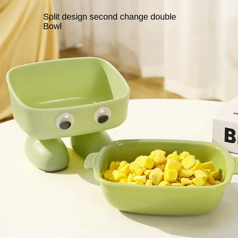 Green robot elevated cat bowl with tilted design and anti-slip base for pet feeding