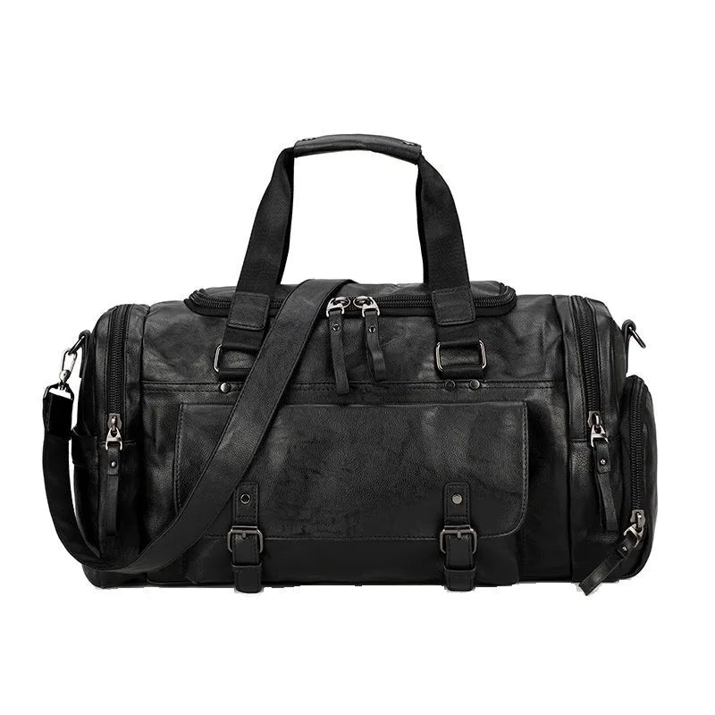 Black PU travel bag for shoes with zippered compartment showing dimensions 52cm long by 19cm wide