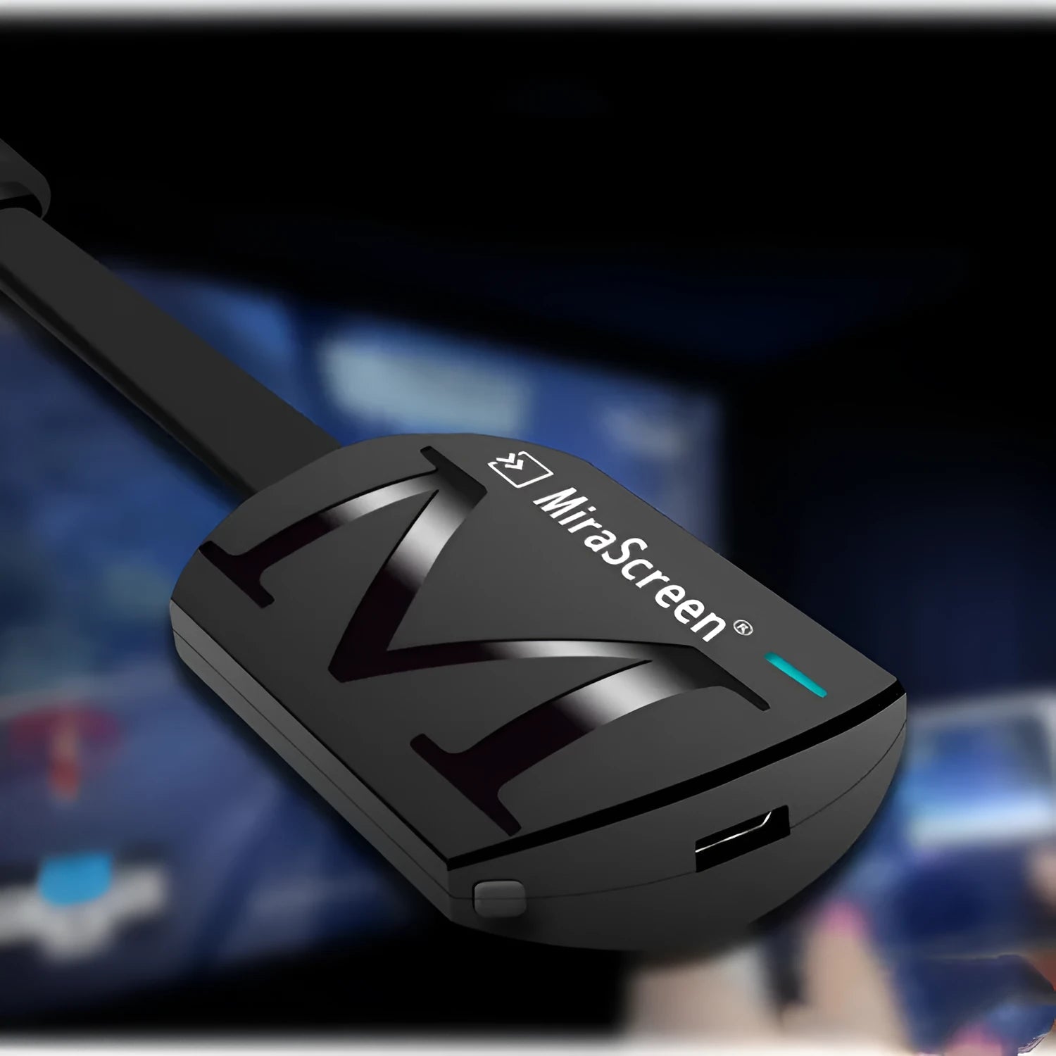 Small black USB HDMI dongle for smartphone screen mirroring with 1080p output.