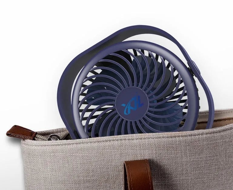 USB desk fan alarm clock with 360-degree rotation in deep blue colour