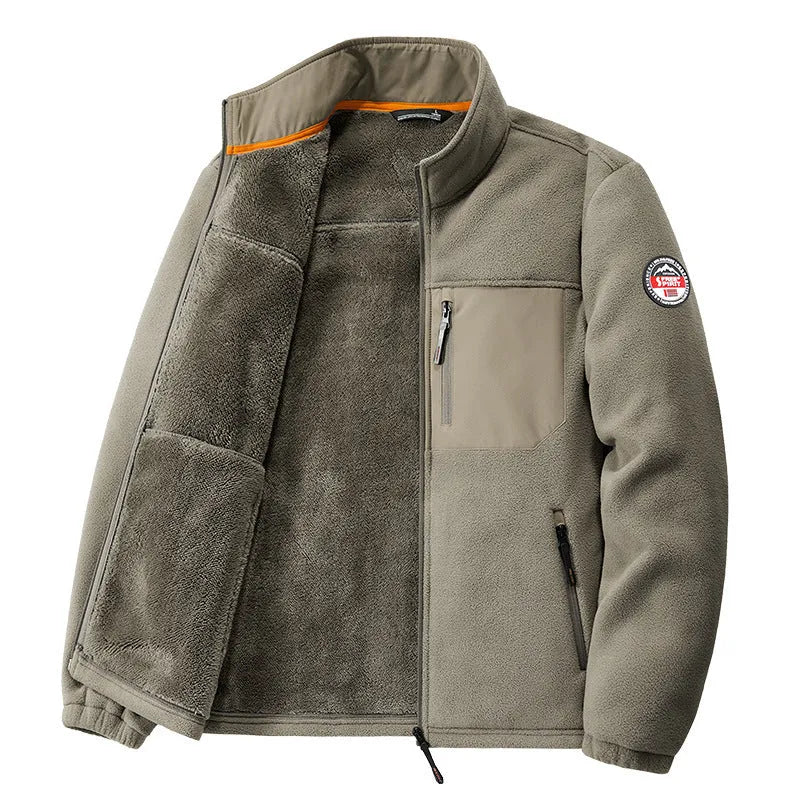Men's grey fleece cardigan jacket with zipper pockets on a hanger.