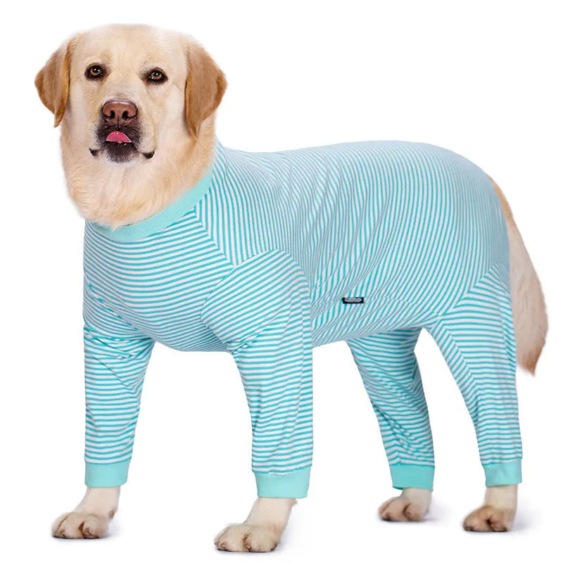Thin polyester striped dog shirt on a golden retriever, showing sky blue, black dark blue stripe, and brown colour options