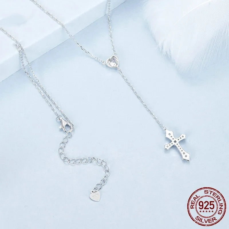 925 silver Love Cross pendant necklace with V-neck design and O-ring chain in BSN384 colour.