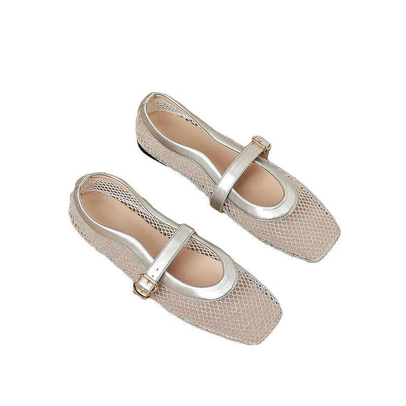 Women's beige mesh low-heel pump with square toe and buckle fastening on a white background.