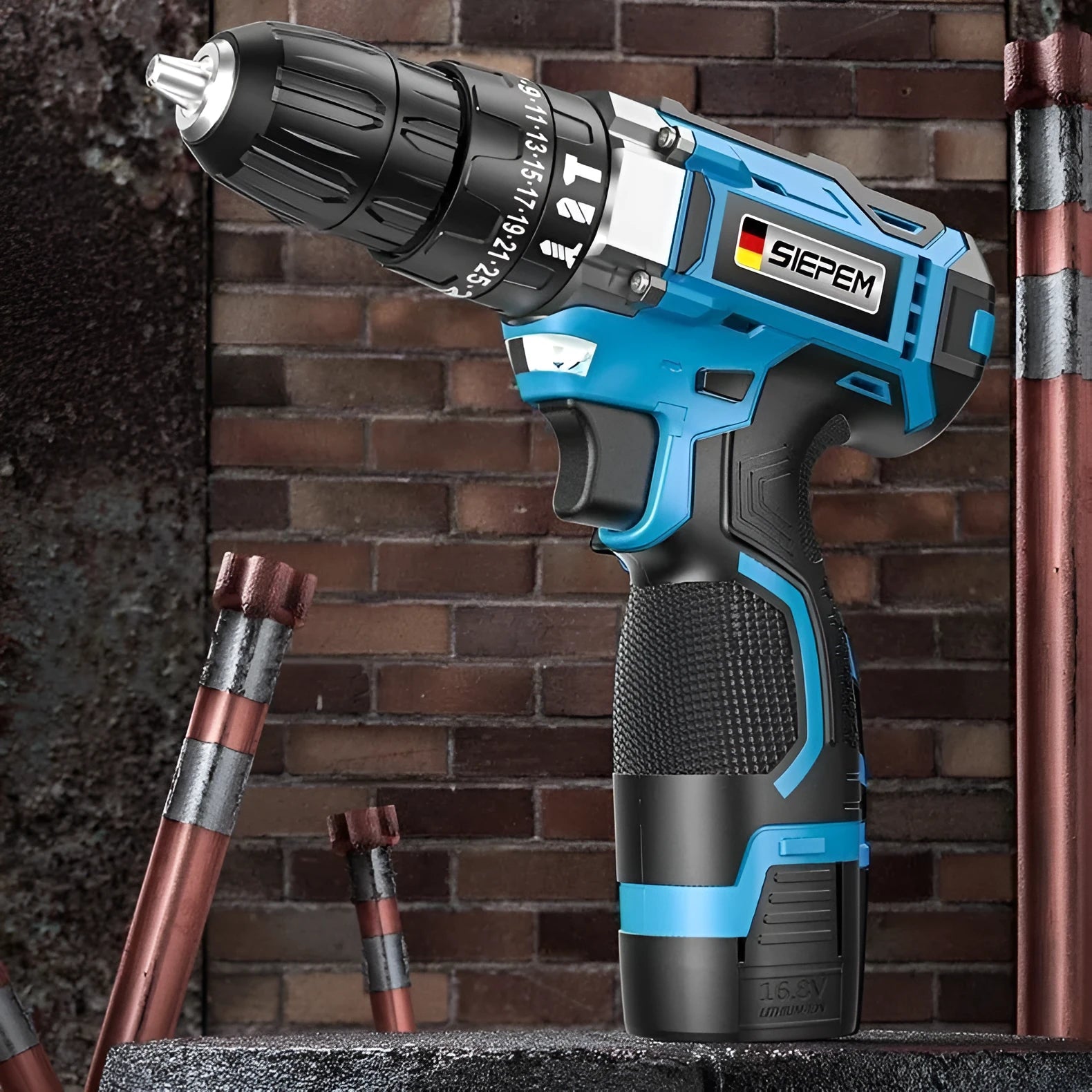 12V pistol grip cordless impact drill and screwdriver set with plastic storage case on a workbench.