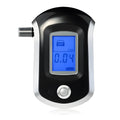 Black portable alcohol breath tester device with LCD screen and attached mouthpiece.