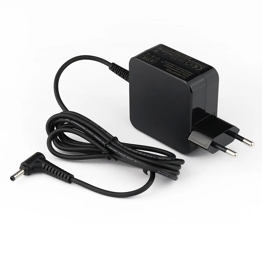 Black 45W laptop power adapter with US and EU plug options, showing compact size