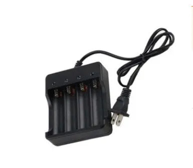 Black 4-slot 18650 lithium battery charger with UK plug and four vacant charging slots