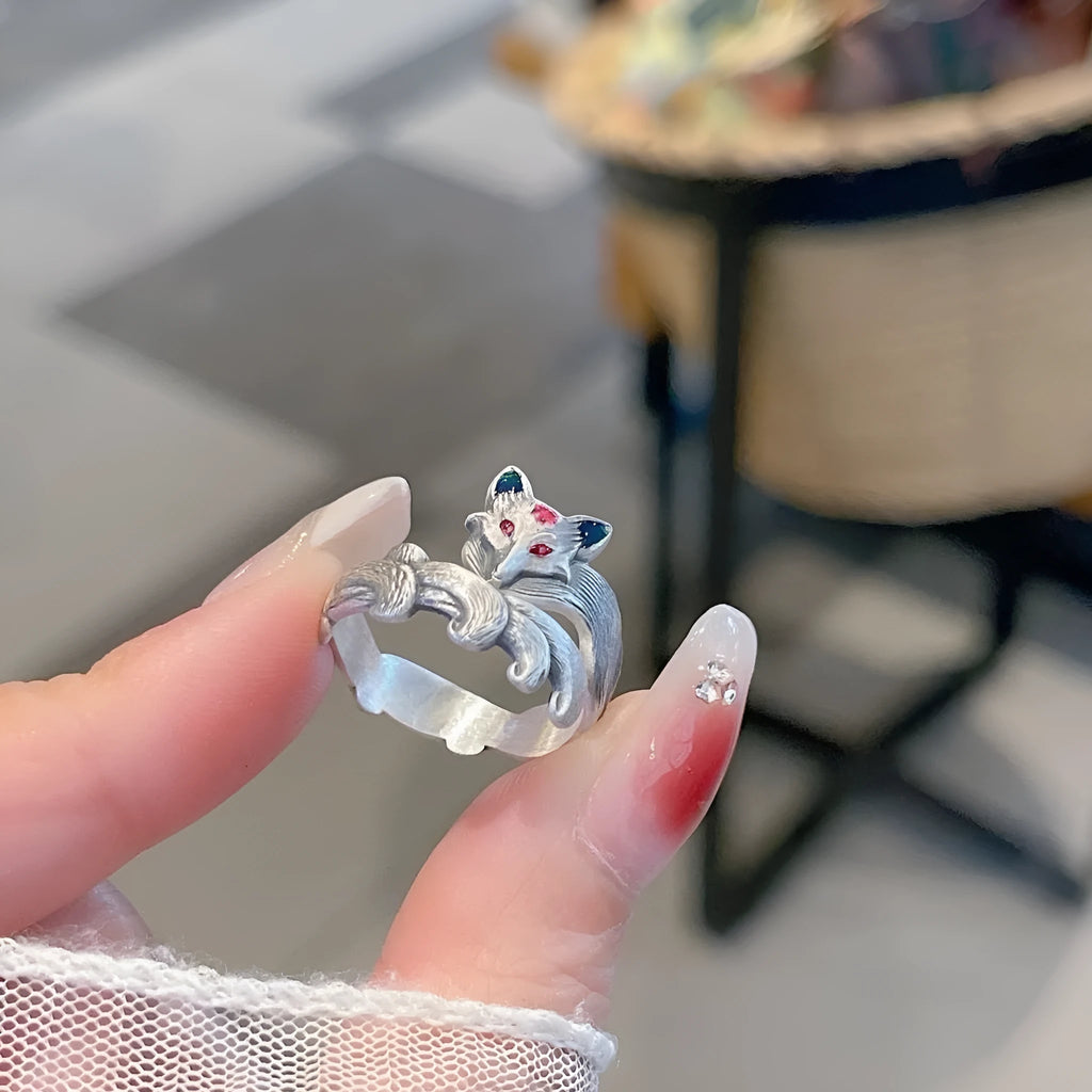 Zinc alloy open mouth ring M1307 peach blossom fox colour vintage nine tail spirit motif female accessory