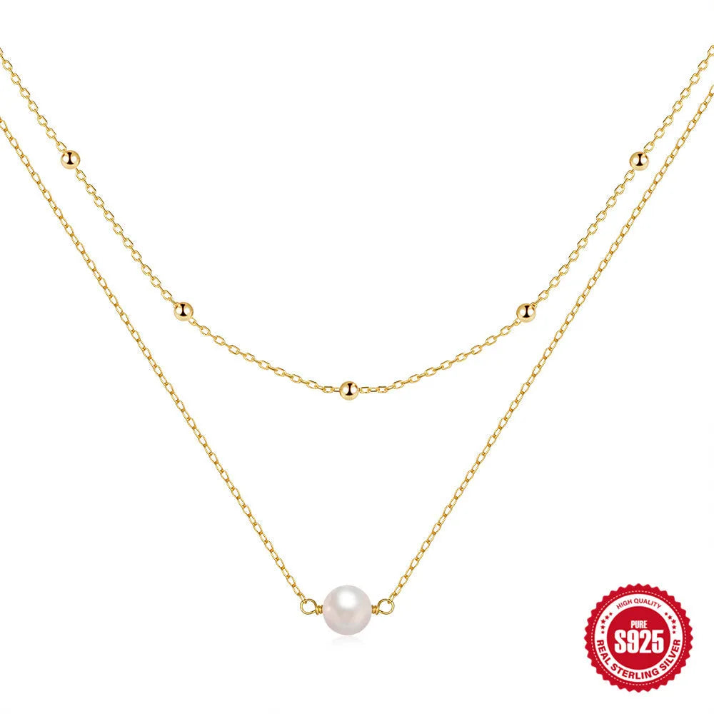 S925 sterling silver necklace with double layer twin pearl pendant on ball bead chain