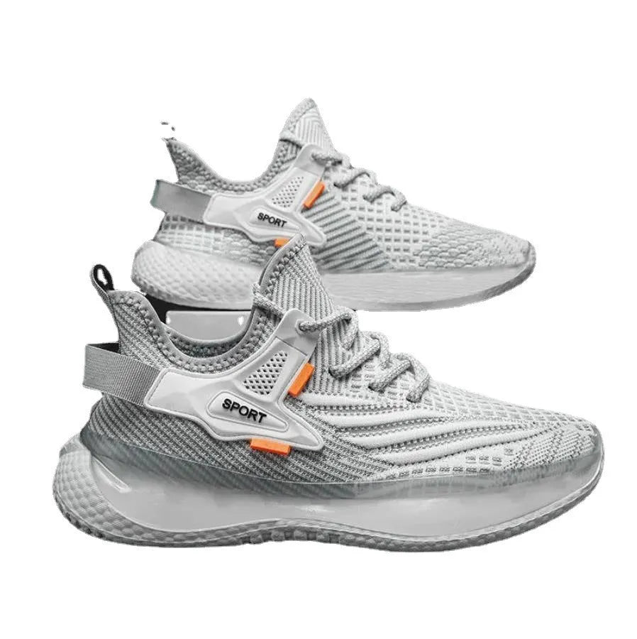 Men's white low-top platform sneakers with woven mesh upper and round toe.