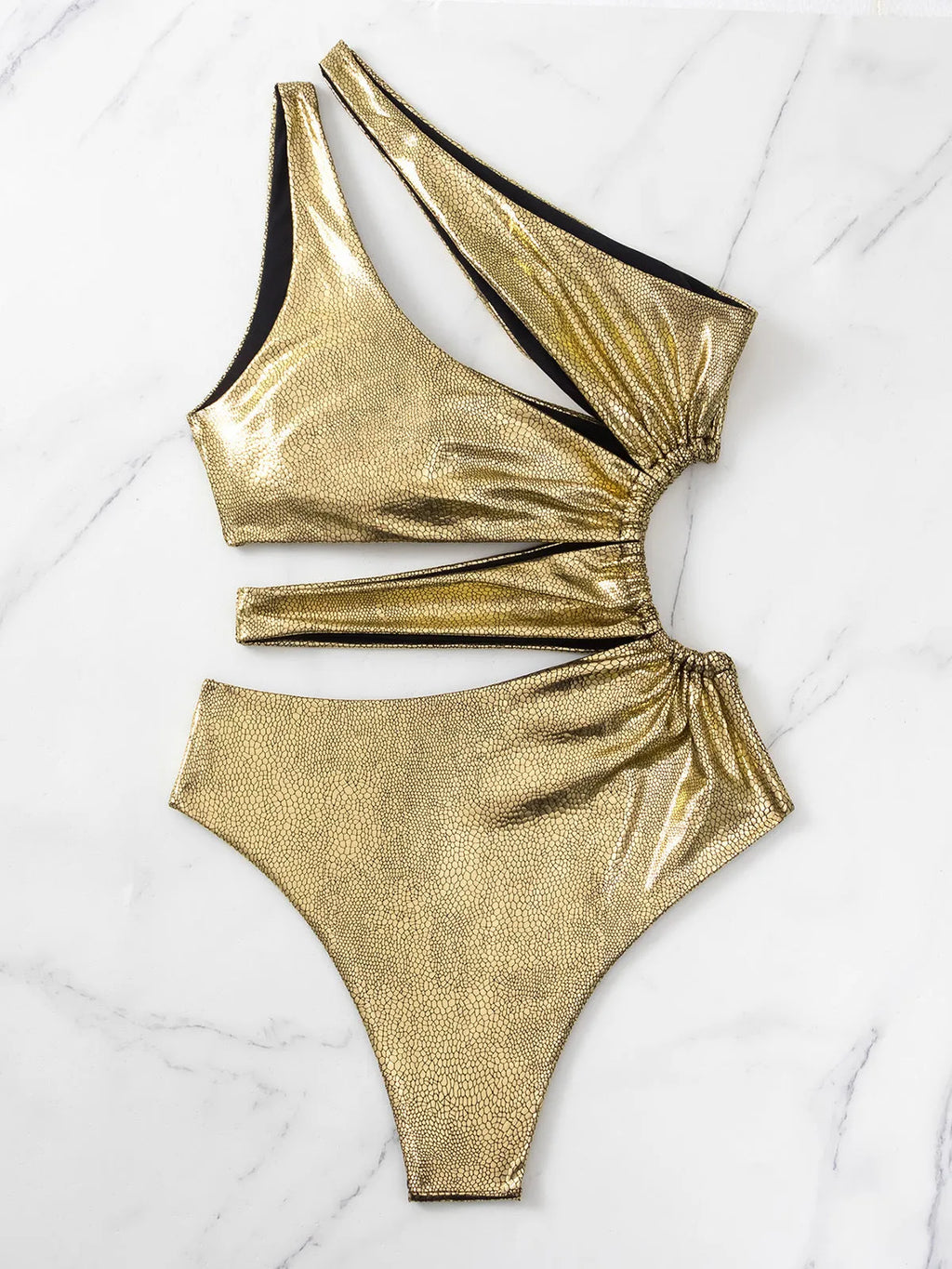 Gold C3177 women's one-piece swimsuit with backless design shown in S, M, L sizes