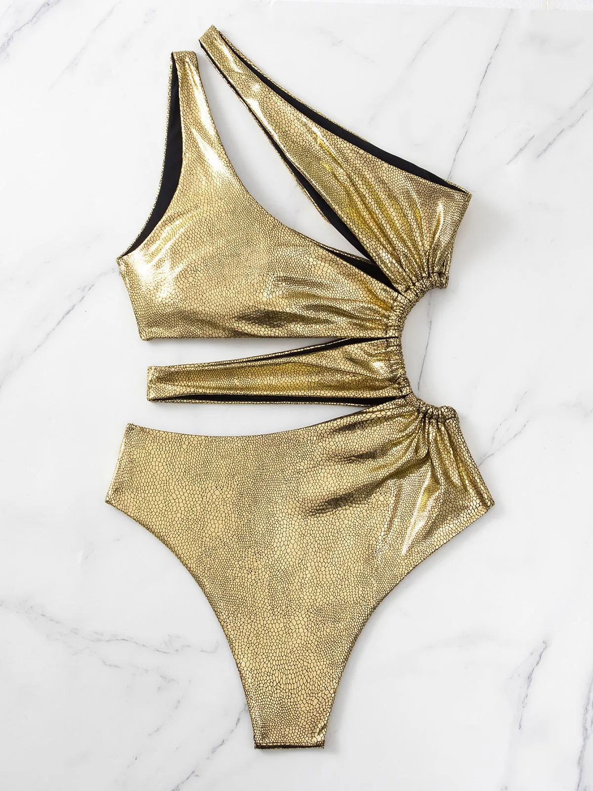 Gold C3177 women's one-piece swimsuit with backless design shown in S, M, L sizes