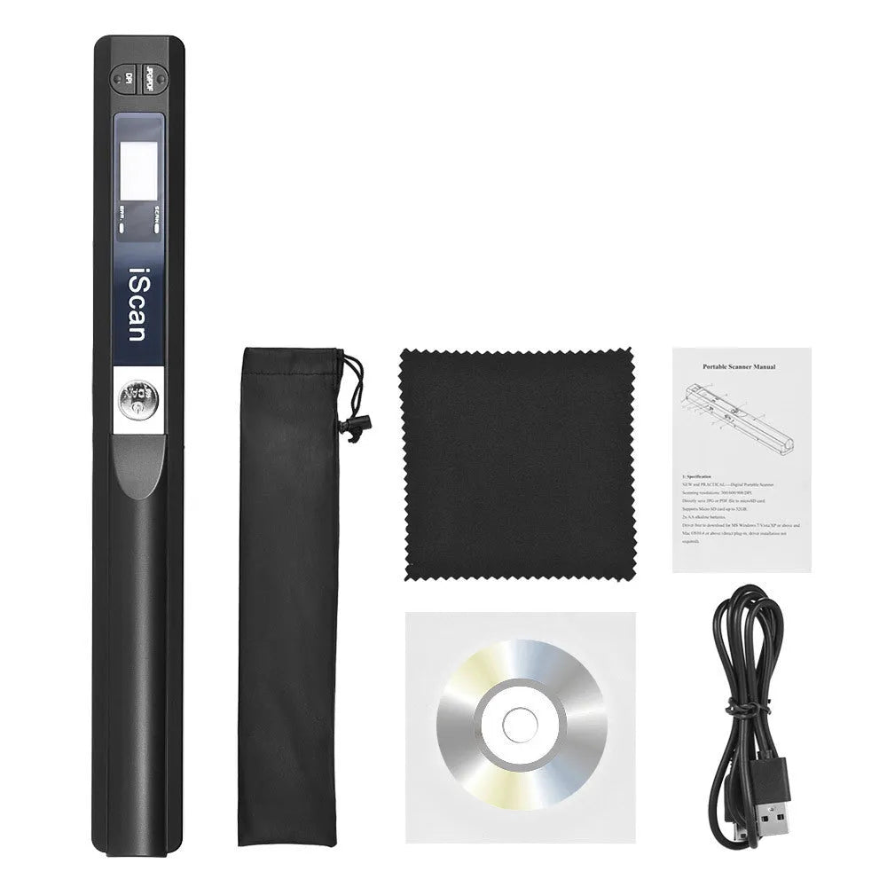 USB handheld barcode scanner in five colour options showing plastic construction with cable connection