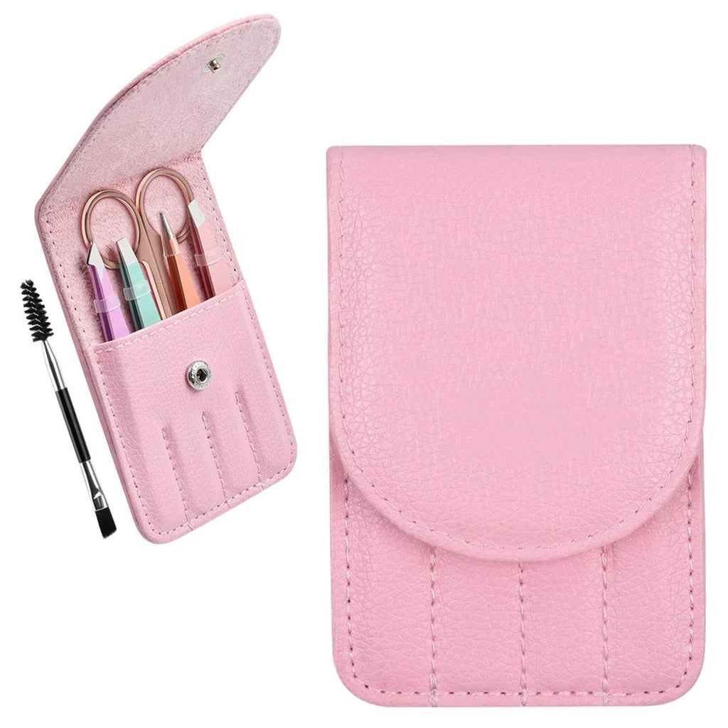 6-piece stainless steel eyebrow tweezers set with scissors, brush, and leather protective case