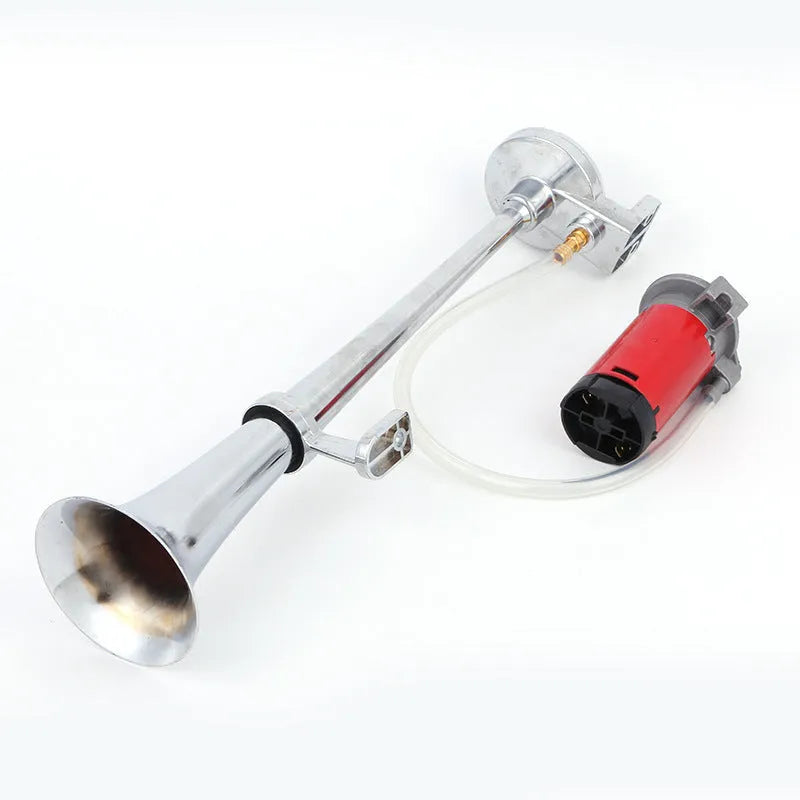 12V Loud Car Horn Single Trumpet No Air System Needed Suitable for Cars Trucks Boats Motorcycles 450mm Length 95mm Bell Chrome Finish Metal Plastic Silver 1.3kg 45x10x9.5cm 92dB 1% Distortion