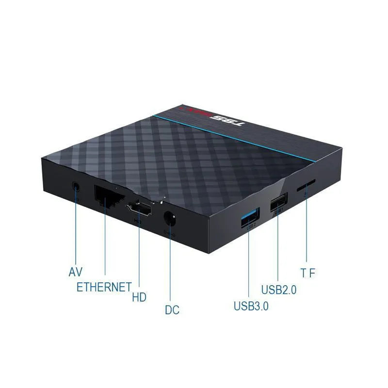 Black T95 Max Plus Android TV box unit with remote control and UK power plug adapter on a table.