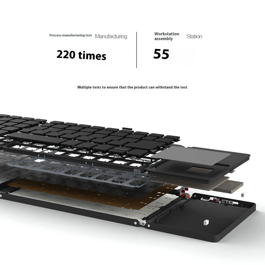 Black tri-fold Bluetooth keyboard unfolded, showing its thin profile and compact size next to a smartphone.