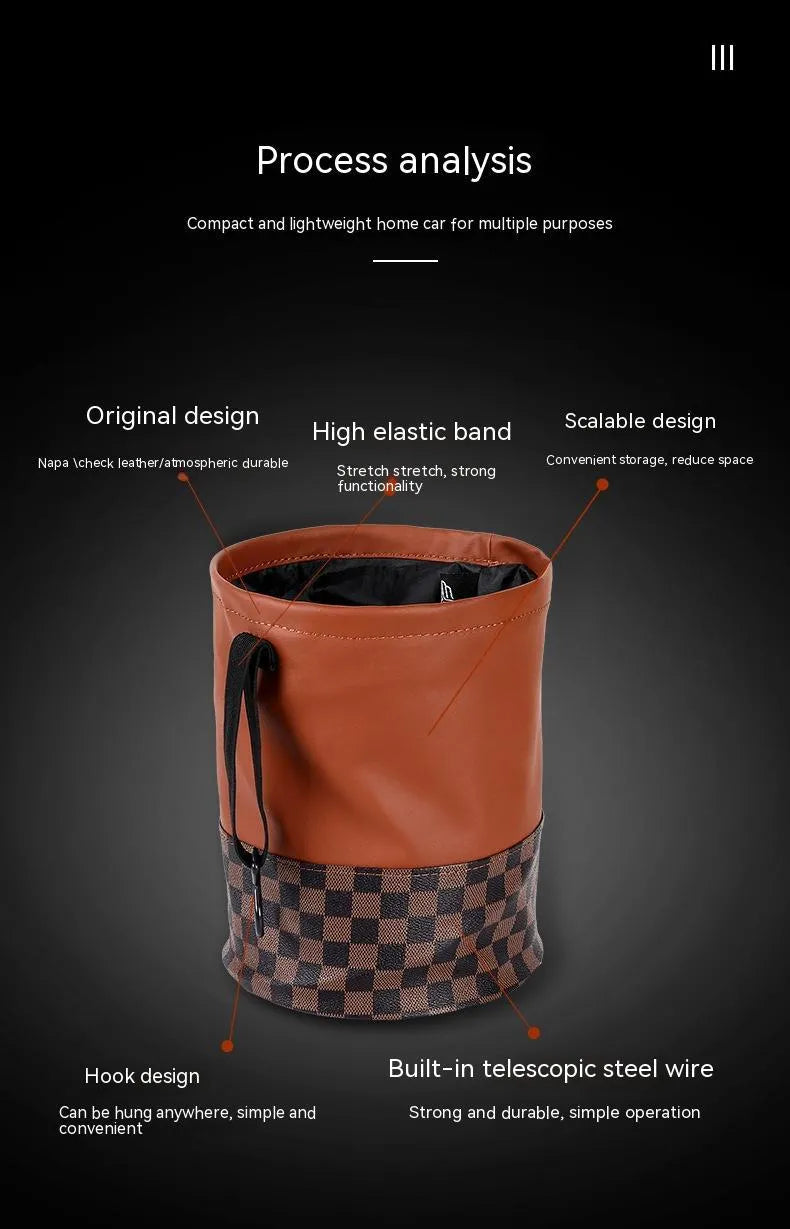 Brown leather car trash can with a handle, shown in folded and unfolded states