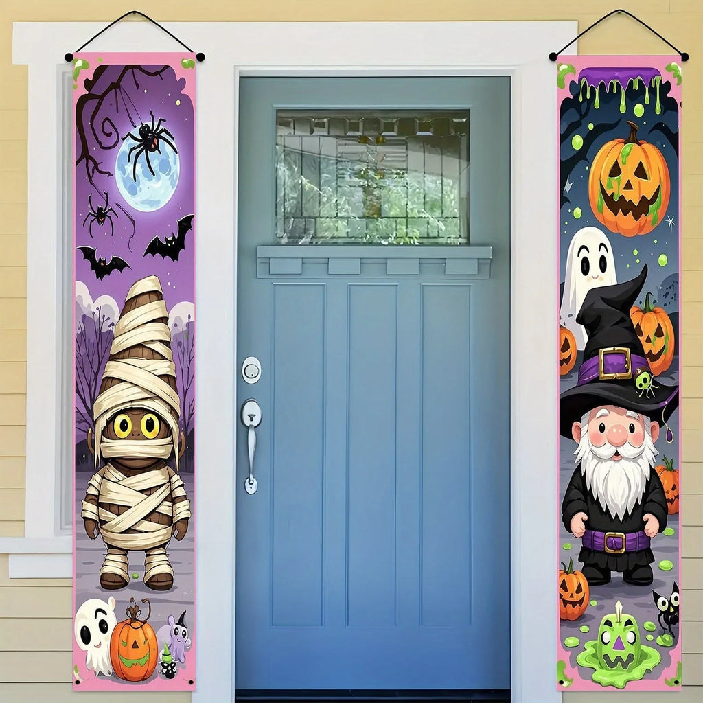 A pair of long, narrow orange and black Halloween-themed polyester hanging banner decorations.
