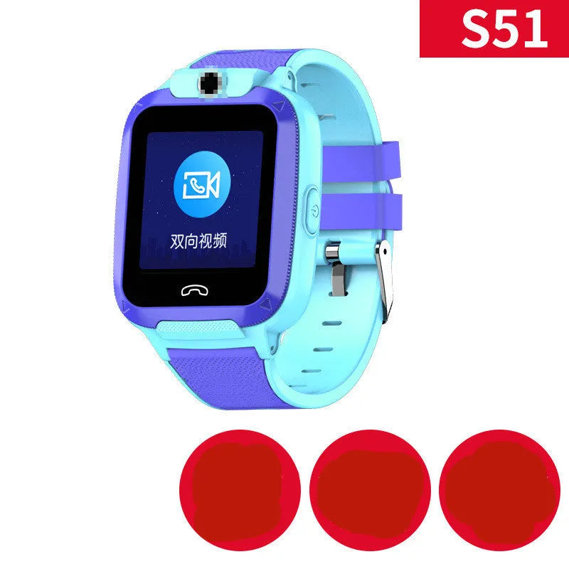 Blue children's smartwatch with a 1.44-inch touch screen on a silicone strap, showing GPS and video call icons.