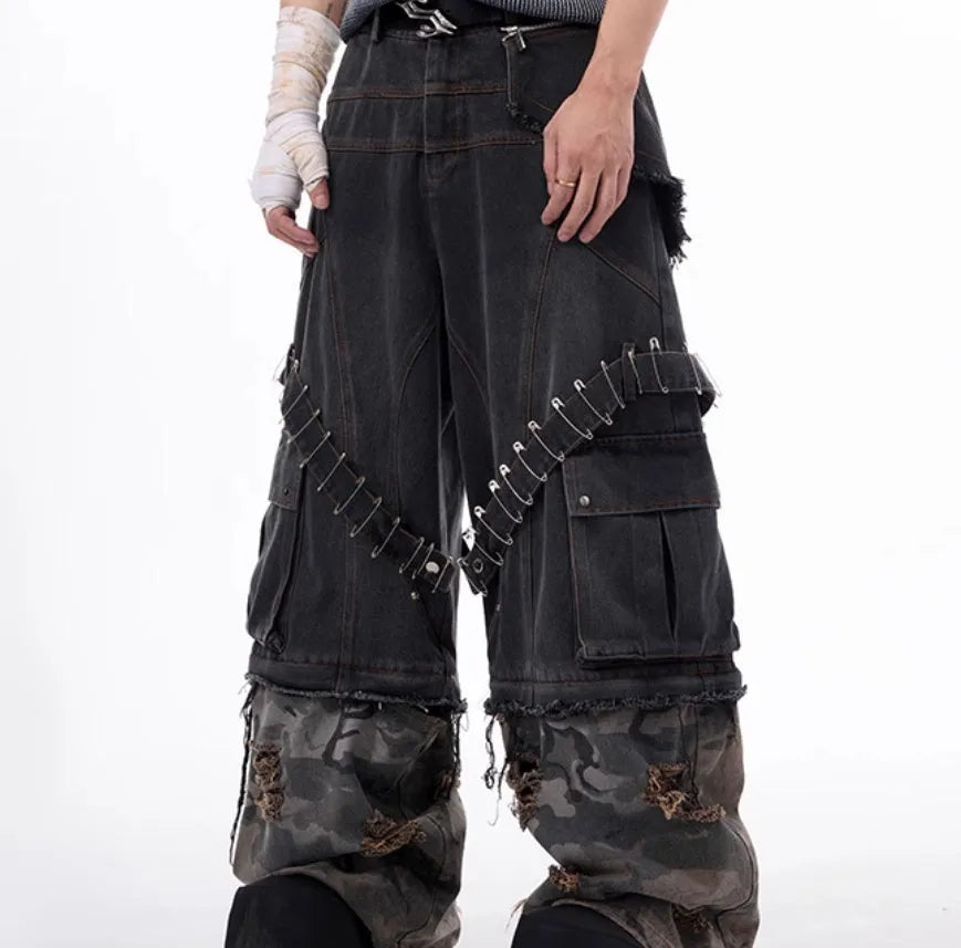 Grey men's jeans with camouflage pattern and ribbon splicing details on cotton denim.