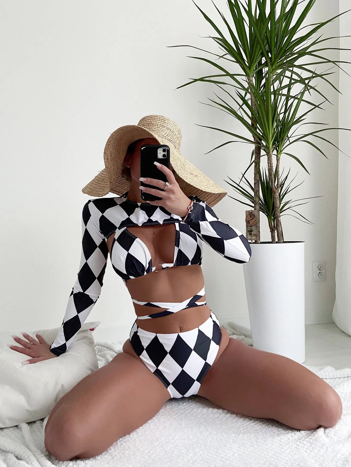 Women's plaid print three-piece long sleeve bikini swimsuit set