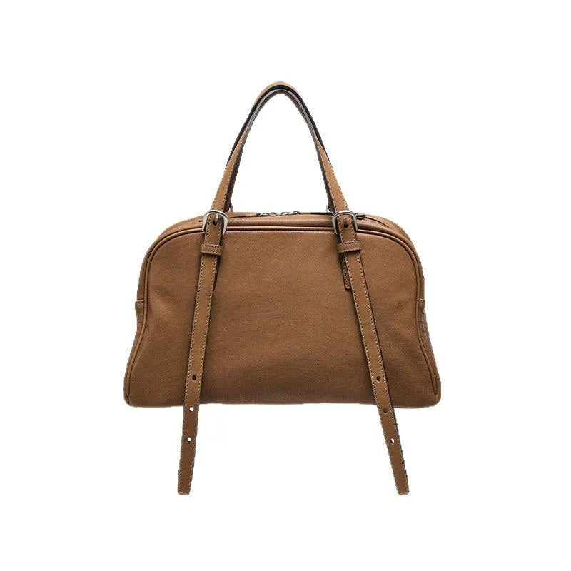 Women's retro genuine leather shoulder bag in horizontal square design with double straps
