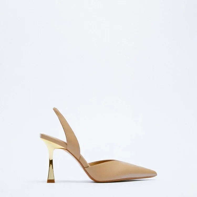 Patent leather pointed high heels in black and apricot colours with Korean-style design