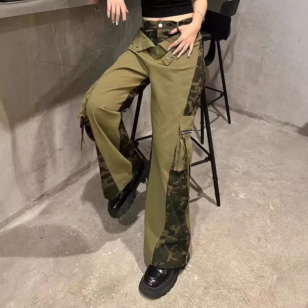 Women's dark khaki leopard print high waist straight leg jeans with retro stitching details