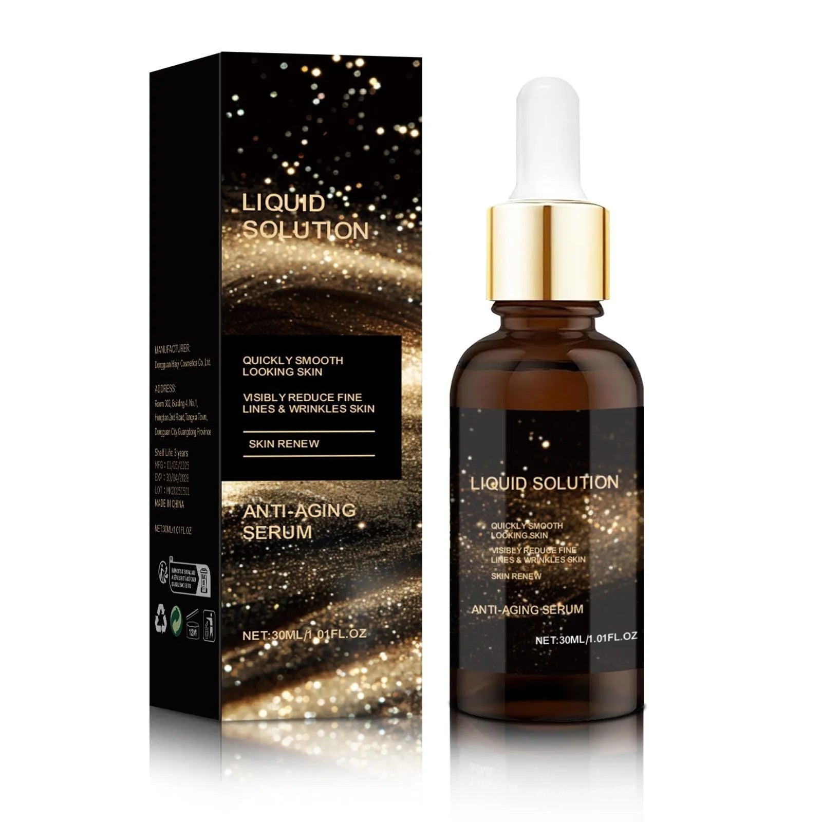 30ml facial moisturising liquid bottle with hyaluronic acid, approximately 9cm tall