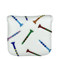 Black golf putter protective sleeve with white rocket pattern designed for square club heads.