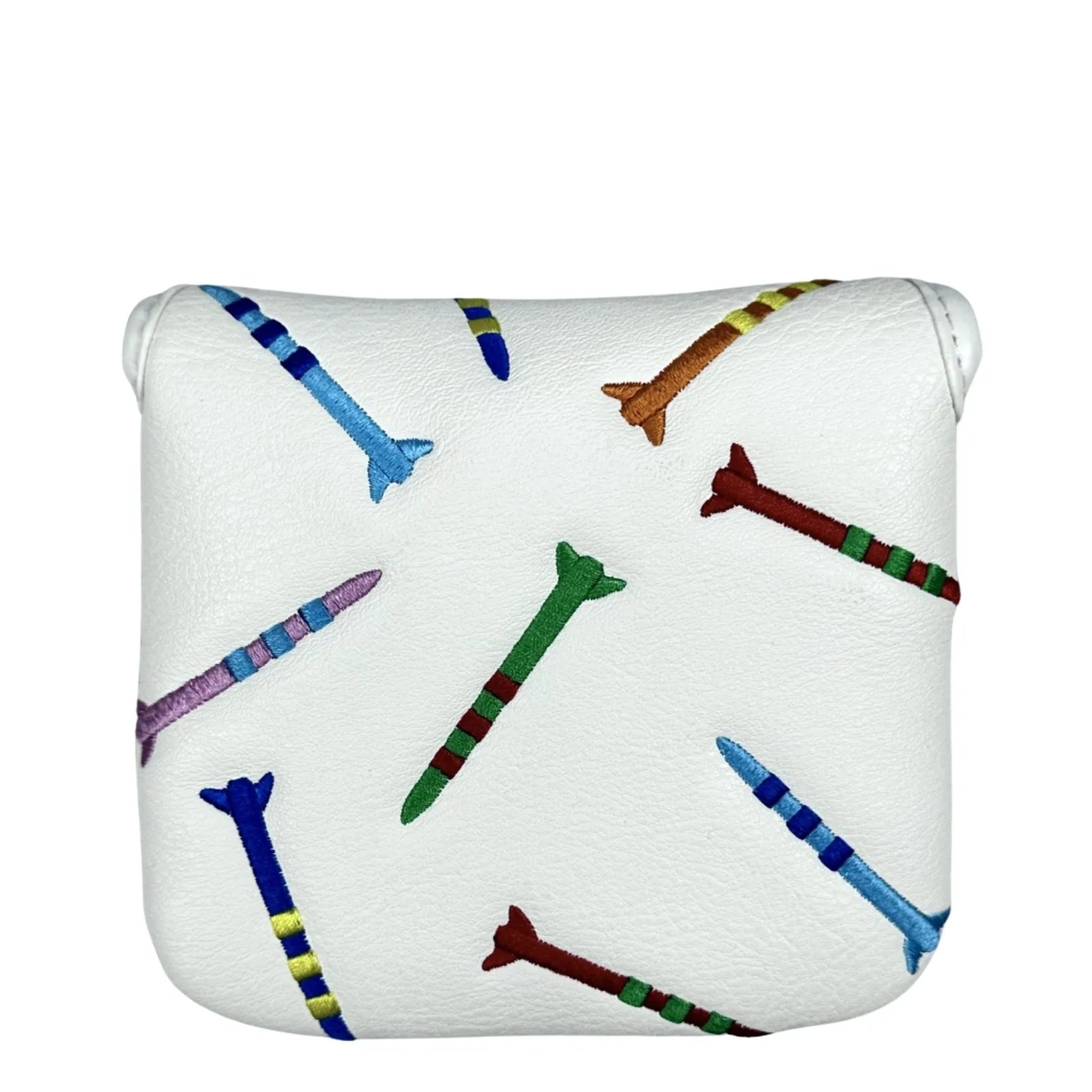 Black golf putter protective sleeve with white rocket pattern designed for square club heads.